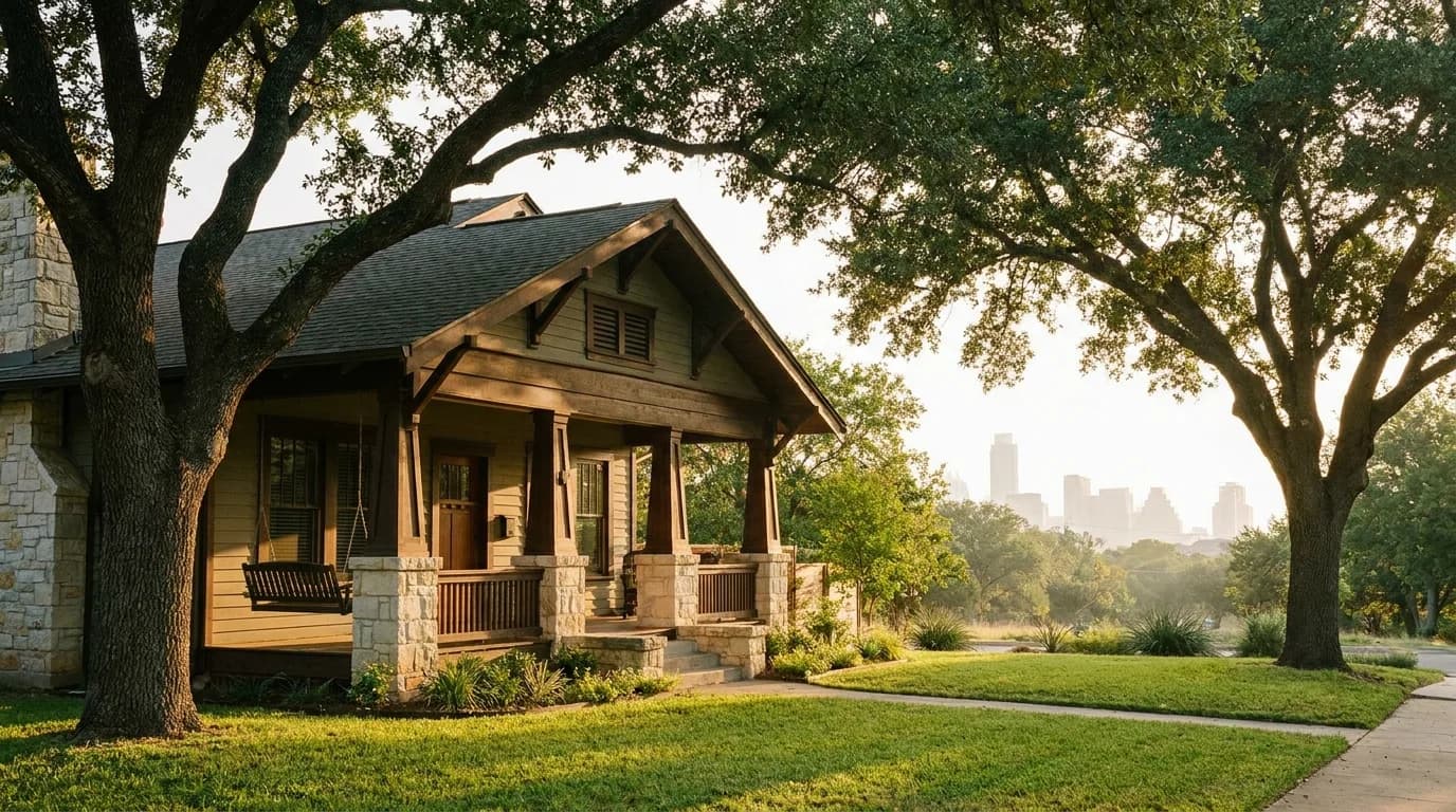 Craftsman single-family rental home under live oak trees in an Austin neighborhood at golden hour, downtown skyline in the distance.