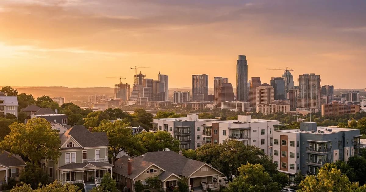 Austin, Texas downtown skyline at dusk beyond a leafy residential neighborhood