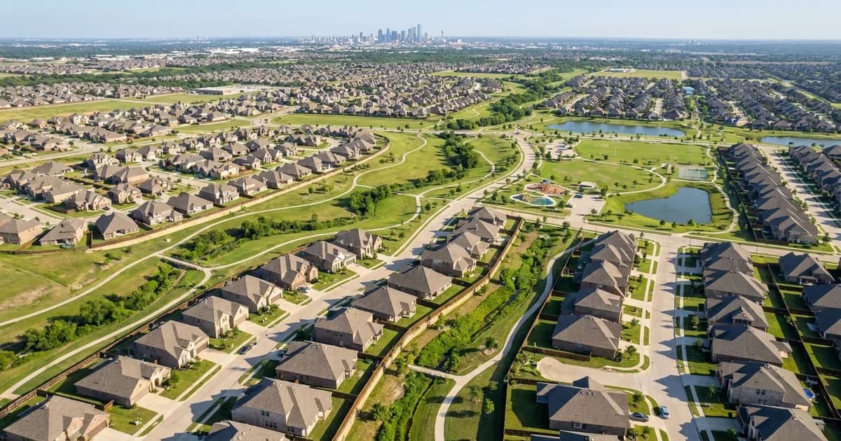 Aerial view of a master-planned Dallas-Fort Worth suburban neighborhood of new homes
