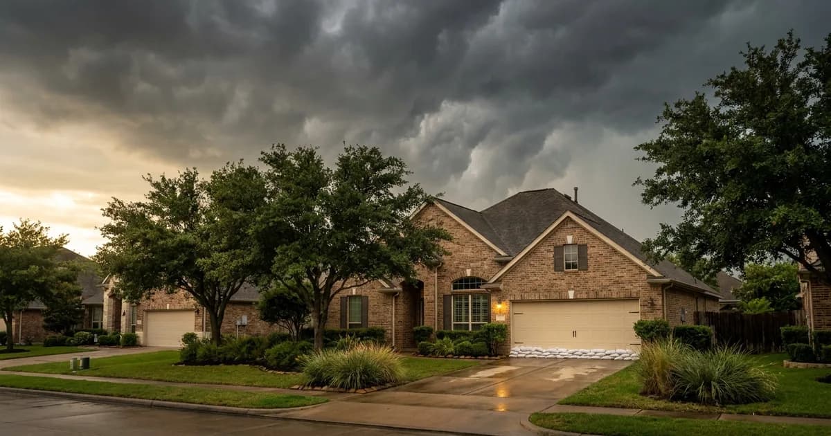 Houston suburban home under an approaching Gulf Coast storm sky