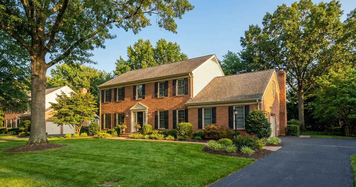 Suburban Maryland brick colonial rental home with a manicured green lawn