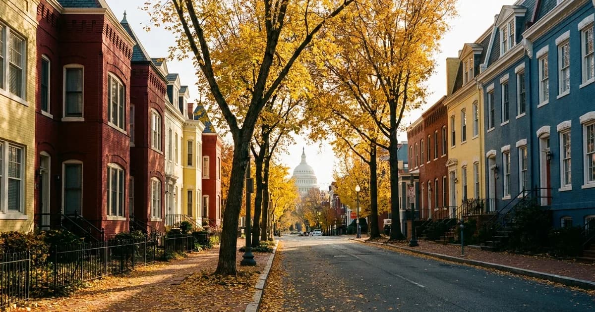 Tree-lined Washington DC street of brick rowhouses with the U.S. Capitol in the distance
