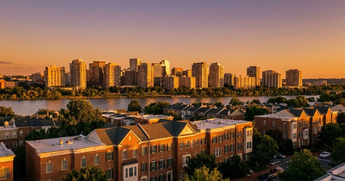 Arlington and Rosslyn, Virginia skyline over the Potomac River with townhomes in the foreground