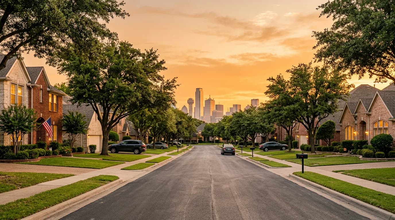 Golden-hour view down a street of brick single-family homes in North Texas with the Dallas skyline on the horizon.