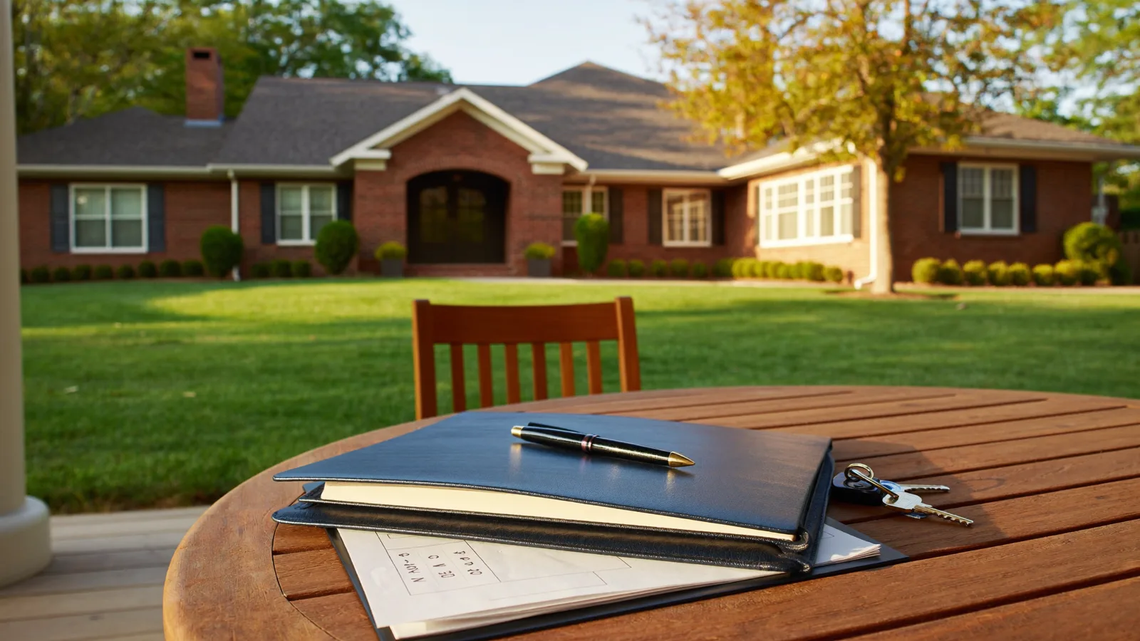 House keys and a closed lease folder on a porch table in front of a Texas single-family rental home at golden hour.