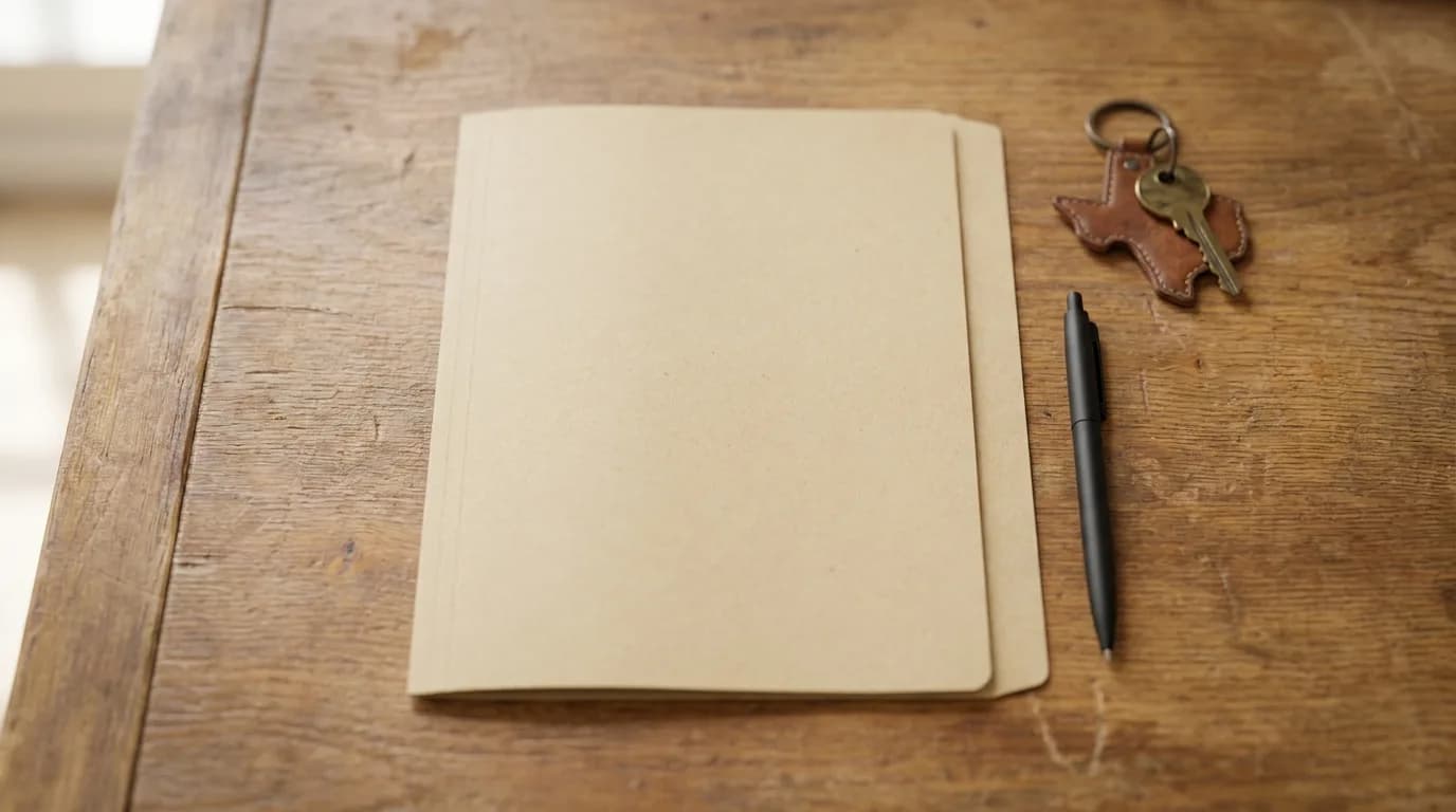 Closed lease folder, pen, and a brass house key on a Texas-shaped keychain arranged on an oak table in morning light.