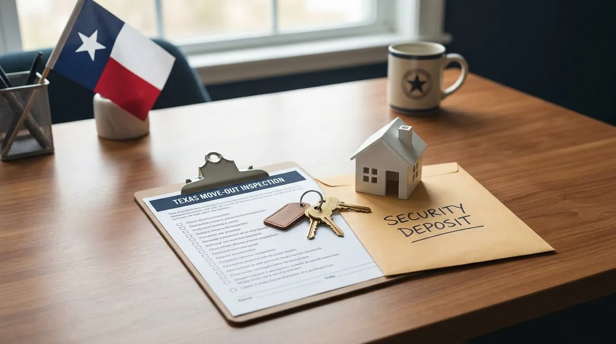 Move-out inspection checklist, house keys, and a security deposit envelope on a Texas landlord’s desk