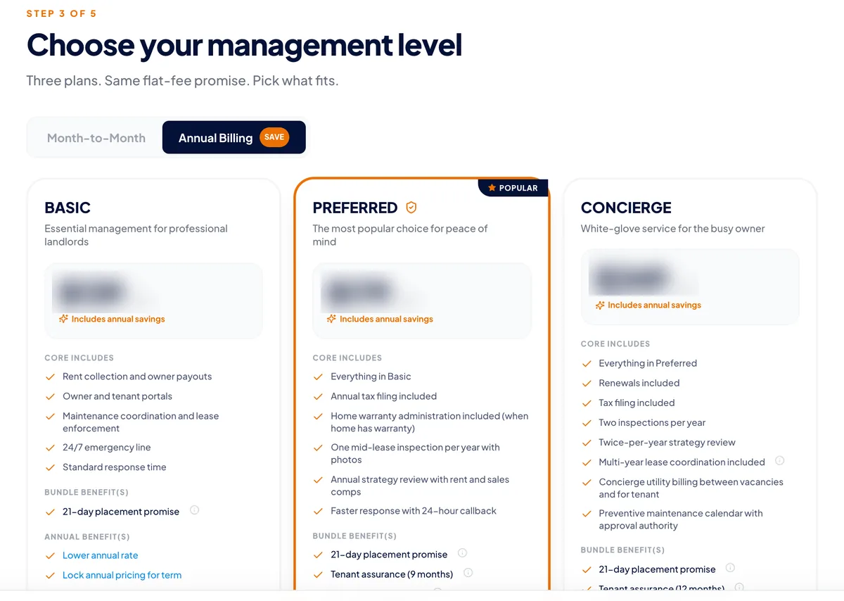 Step 3 of the Flat Fee Landlord instant quote builder showing flat-fee property management pricing plans side by side
