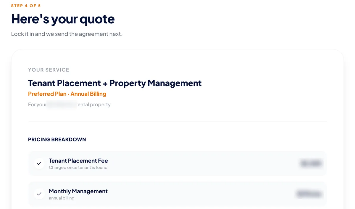 Instant quote summary for tenant placement plus property management with a flat monthly management fee, ready to sign online
