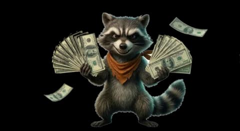 Ruckus the Raccoon grinning while holding fans of dollar bills — the money bad property management costs you