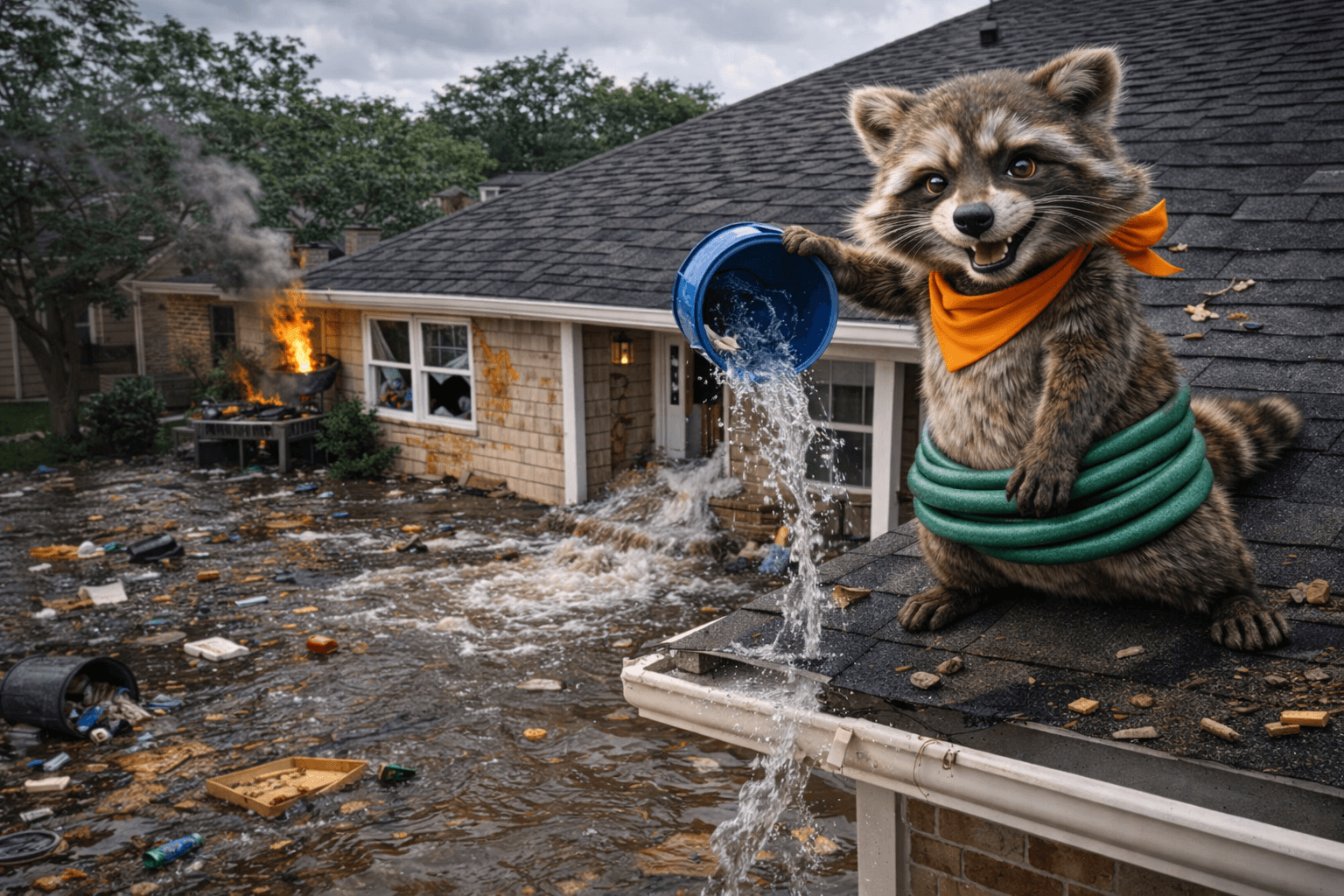 Ruckus the Raccoon causing chaos at an Uptown Dallas luxury rental — representing unscreened tenants and mismanaged urban turnovers