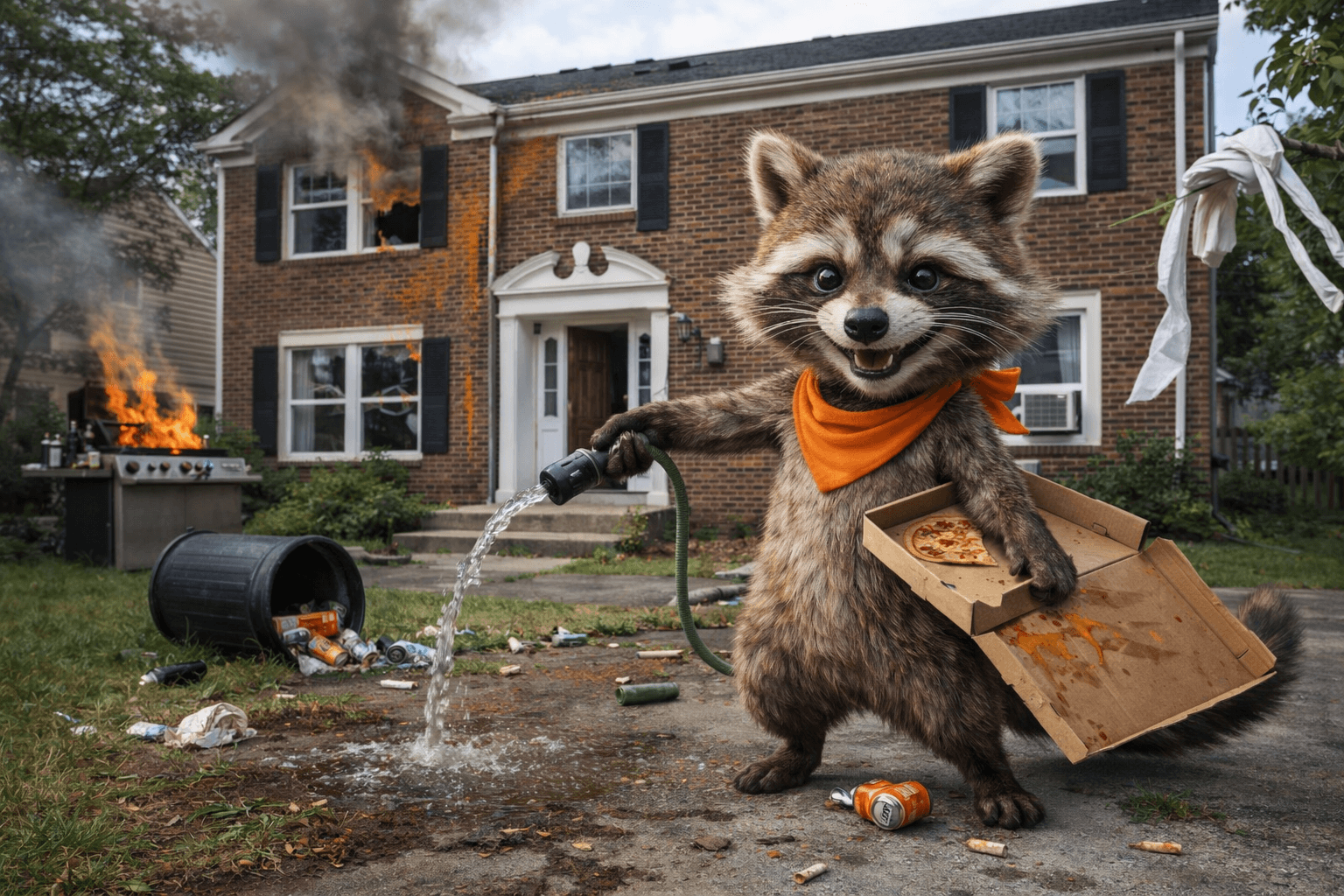 Ruckus the raccoon trashing a Northern Virginia rental property — pizza, beer cans, hose running, grill on fire