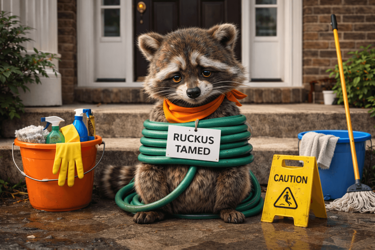 Ruckus the raccoon tied up with a garden hose, surrounded by cleaning supplies — tamed by Flat Fee Landlord's guarantees