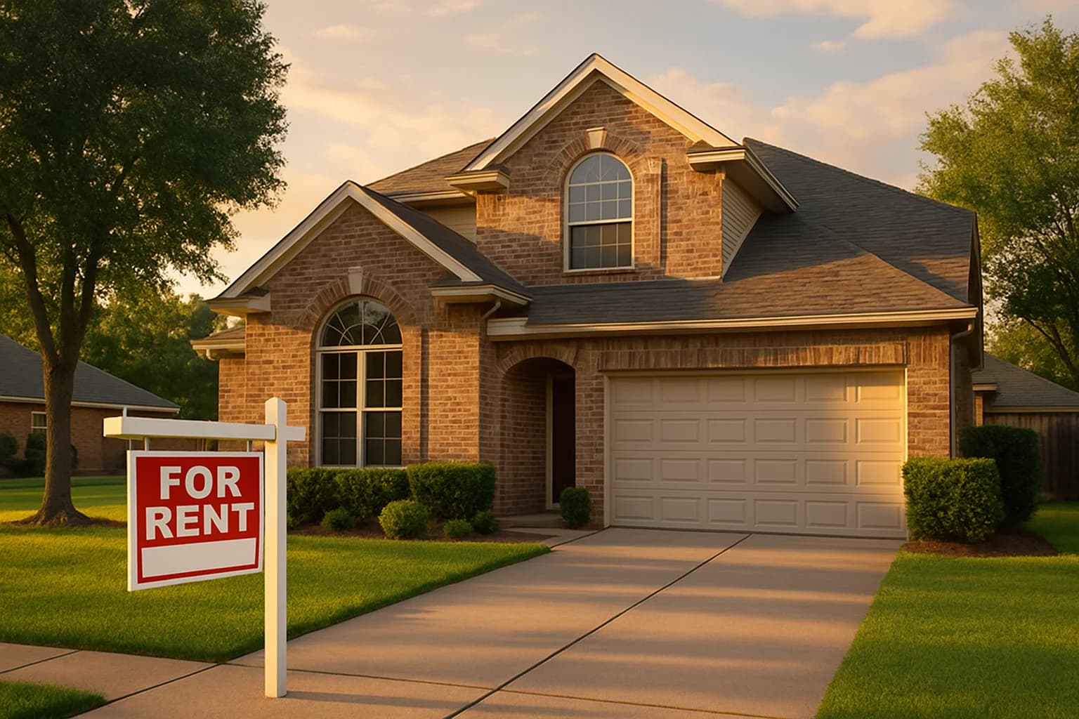 Houston suburban home with a For Rent sign — accidental landlords surge to 3-year high