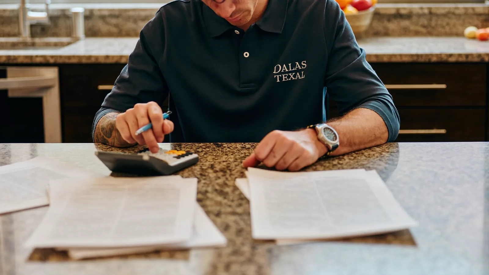 Dallas landlord comparing property management fee quotes at a kitchen table with a laptop and printed statements