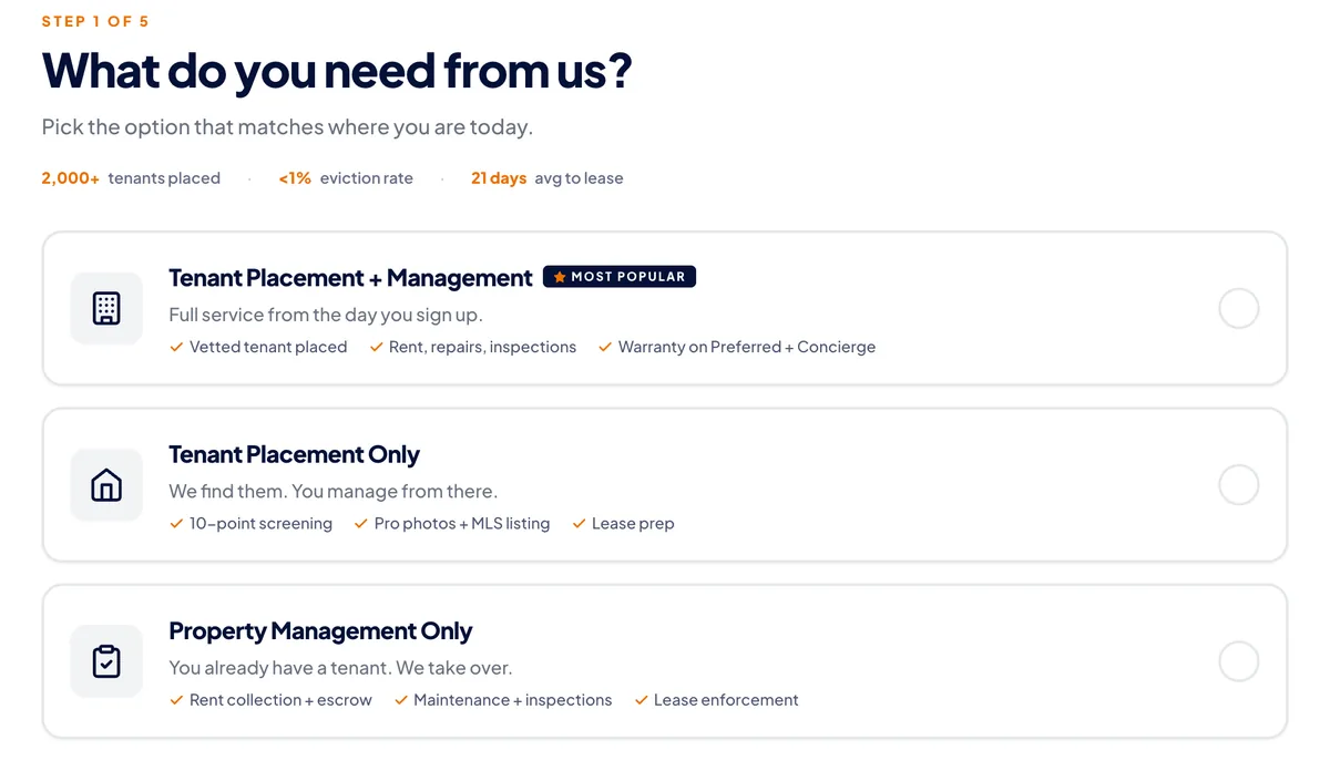 Step 1 of the Flat Fee Landlord instant quote builder — choosing between tenant placement, property management, or both