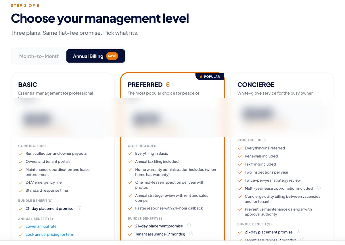 Step 3 of the instant quote builder showing flat-fee property management pricing — Basic $139, Preferred $179, and Concierge $349 per month on annual billing