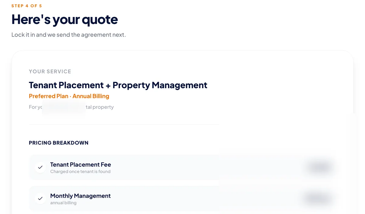 Instant quote summary for tenant placement plus property management with a flat monthly management fee, ready to sign online