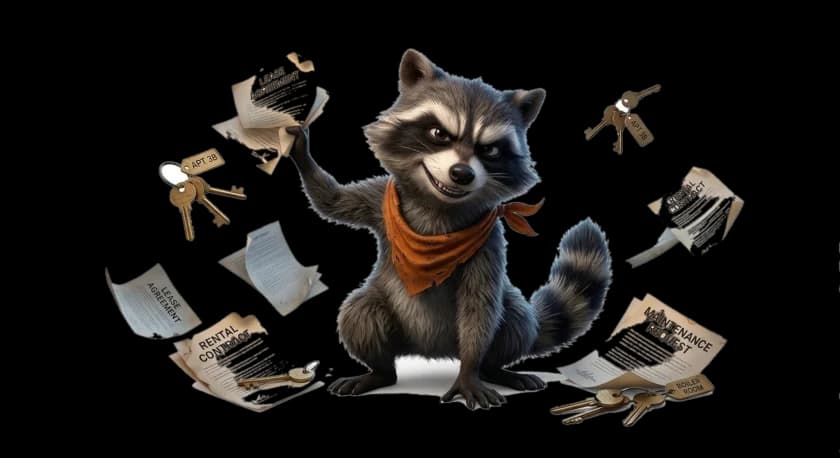 Ruckus the Raccoon surrounded by floating rental documents and lease agreements