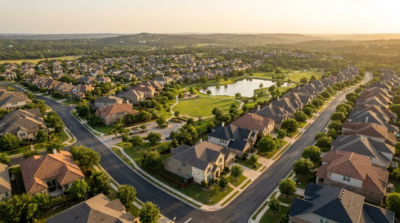 Aerial view of a master-planned Austin-area suburban neighborhood with single-family homes, a community lake, and Texas Hill Country in the distance at golden hour