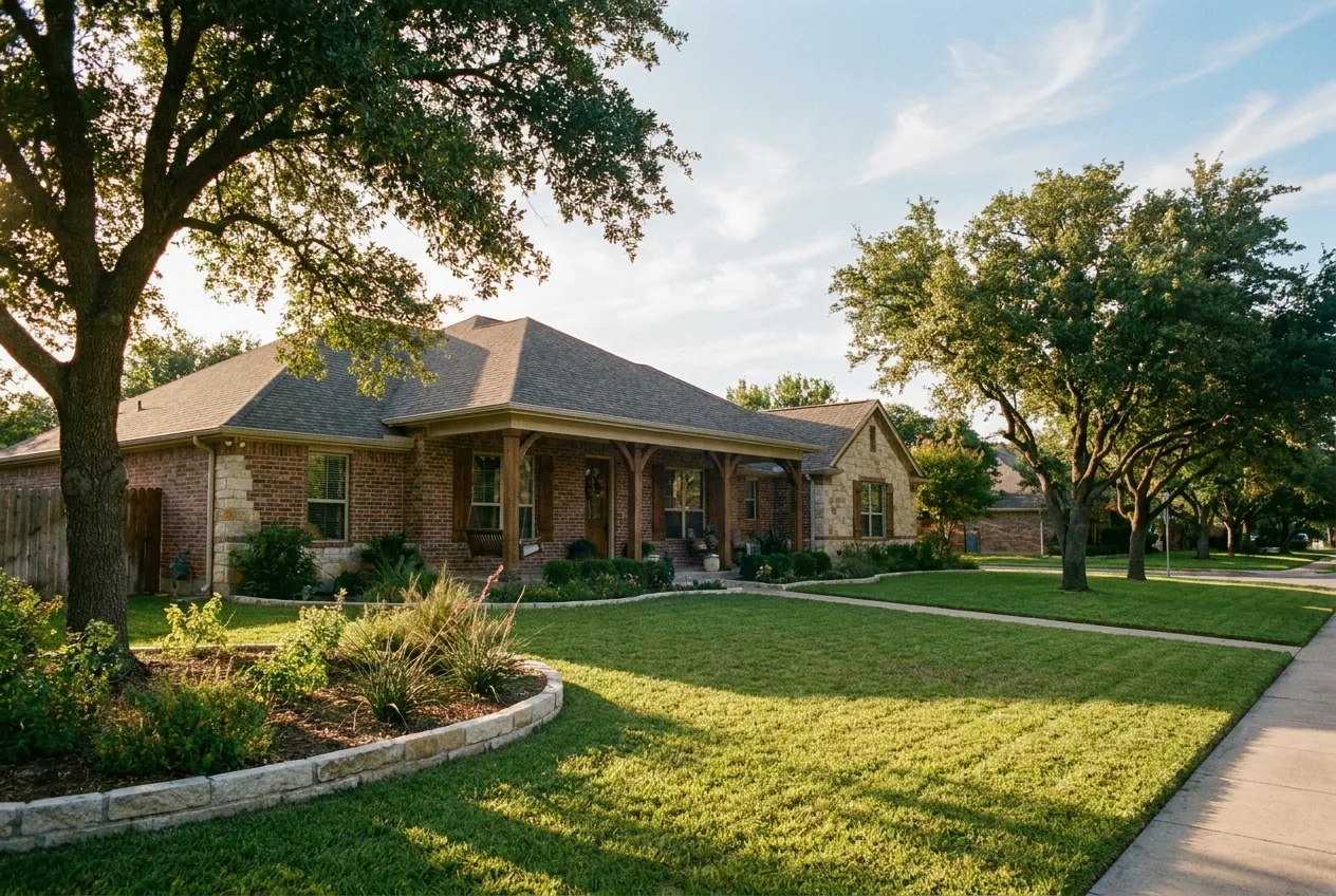 Brick-and-stone single-family rental home with a covered porch and mature live oaks in an established Austin suburb at golden hour