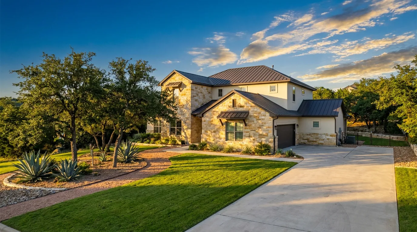 Two-story limestone-and-stucco single-family rental home in the Austin Hill Country at golden hour — representative of the properties Flat Fee Landlord places tenants in