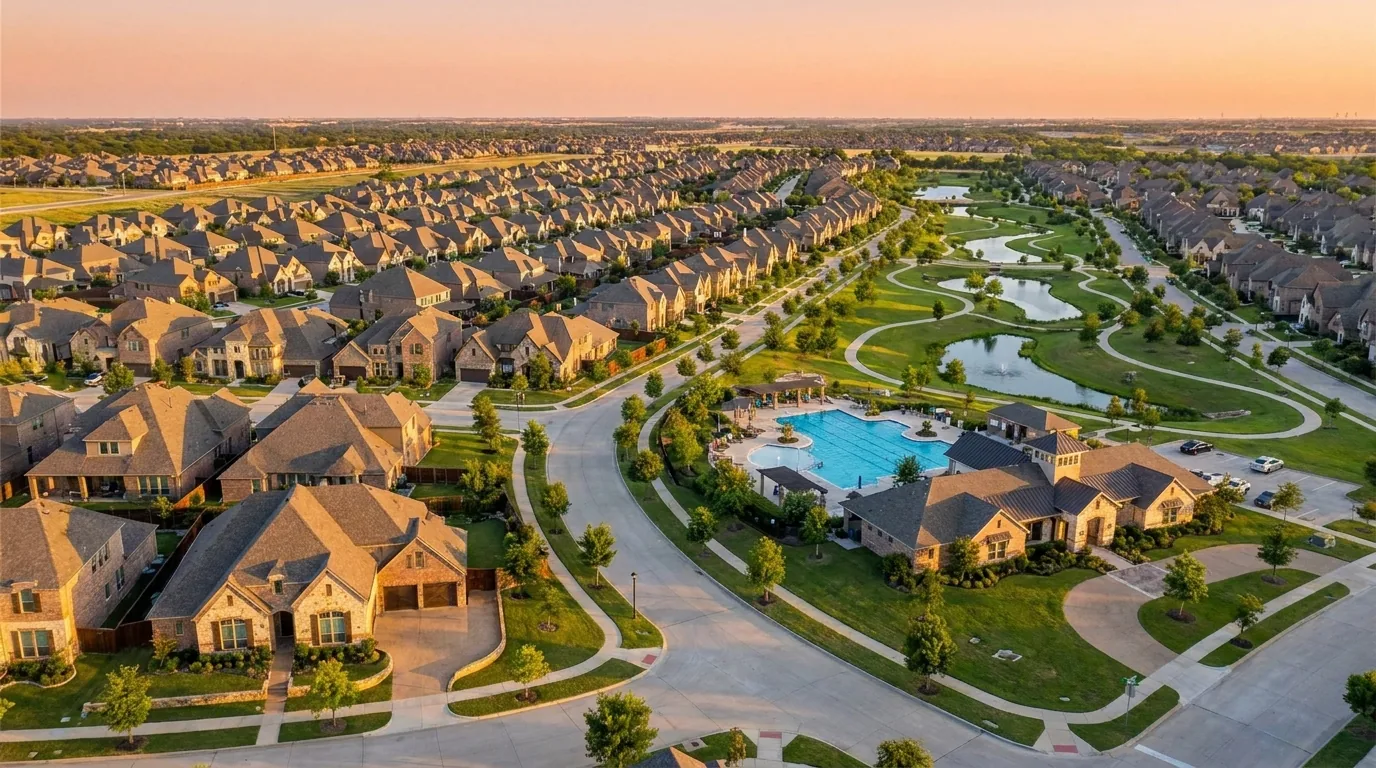 Aerial view of a master-planned Dallas-Fort Worth suburban neighborhood with single-family homes, a community pool, and greenbelt parks at golden hour