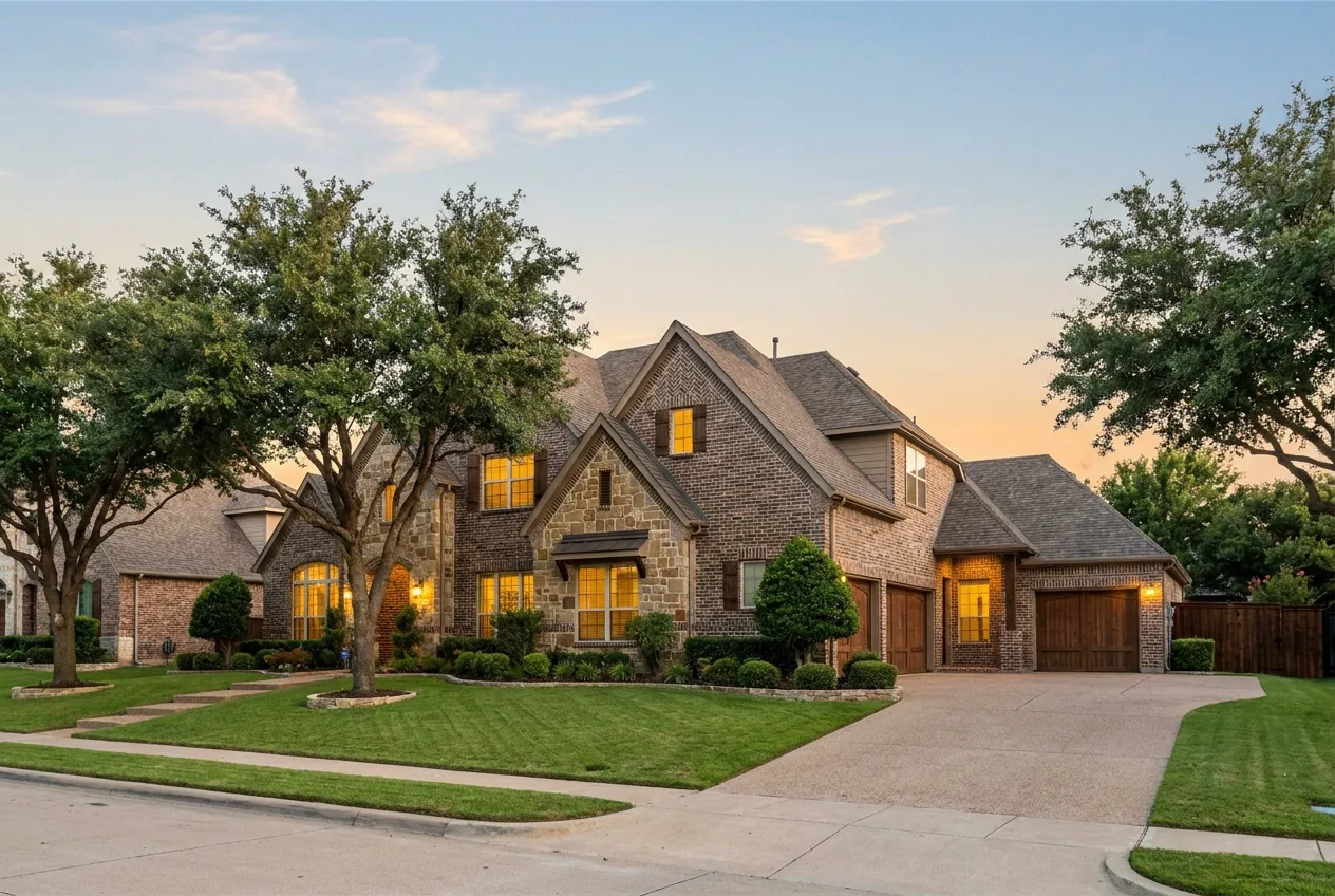 Brick-and-stone two-story single-family rental home in a Dallas-Fort Worth suburb at golden hour — representative of the properties Flat Fee Landlord places tenants in