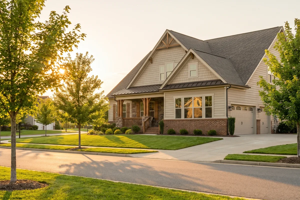 Craftsman-style two-story single-family rental home with an attached garage and young maples on a quiet Spotsylvania County street near Fredericksburg, Virginia