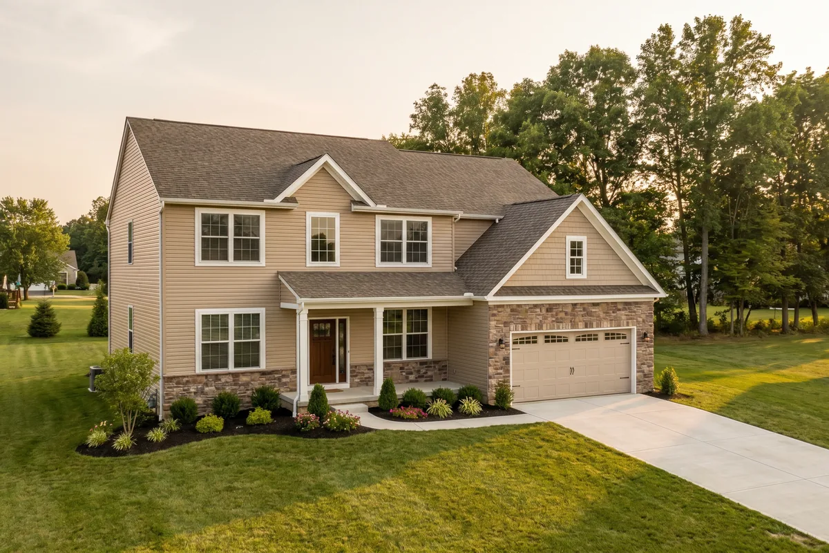 Newer two-story colonial single-family rental home with a stone-accented facade and two-car garage in a Stafford County, Fredericksburg-area commuter suburb — representative of the homes Flat Fee Landlord places tenants in along the I-95 corridor