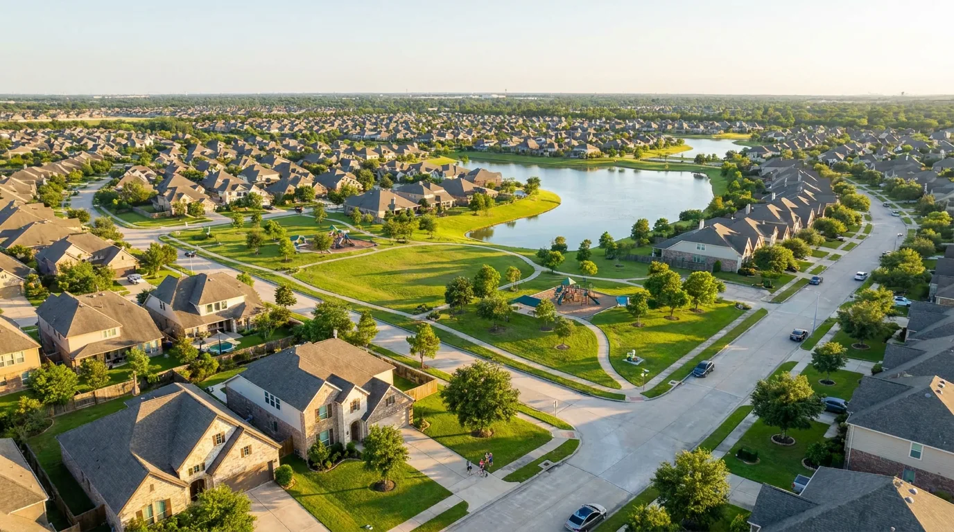 Aerial view of a master-planned Houston-area suburban neighborhood with single-family homes, parks, and a community lake at golden hour