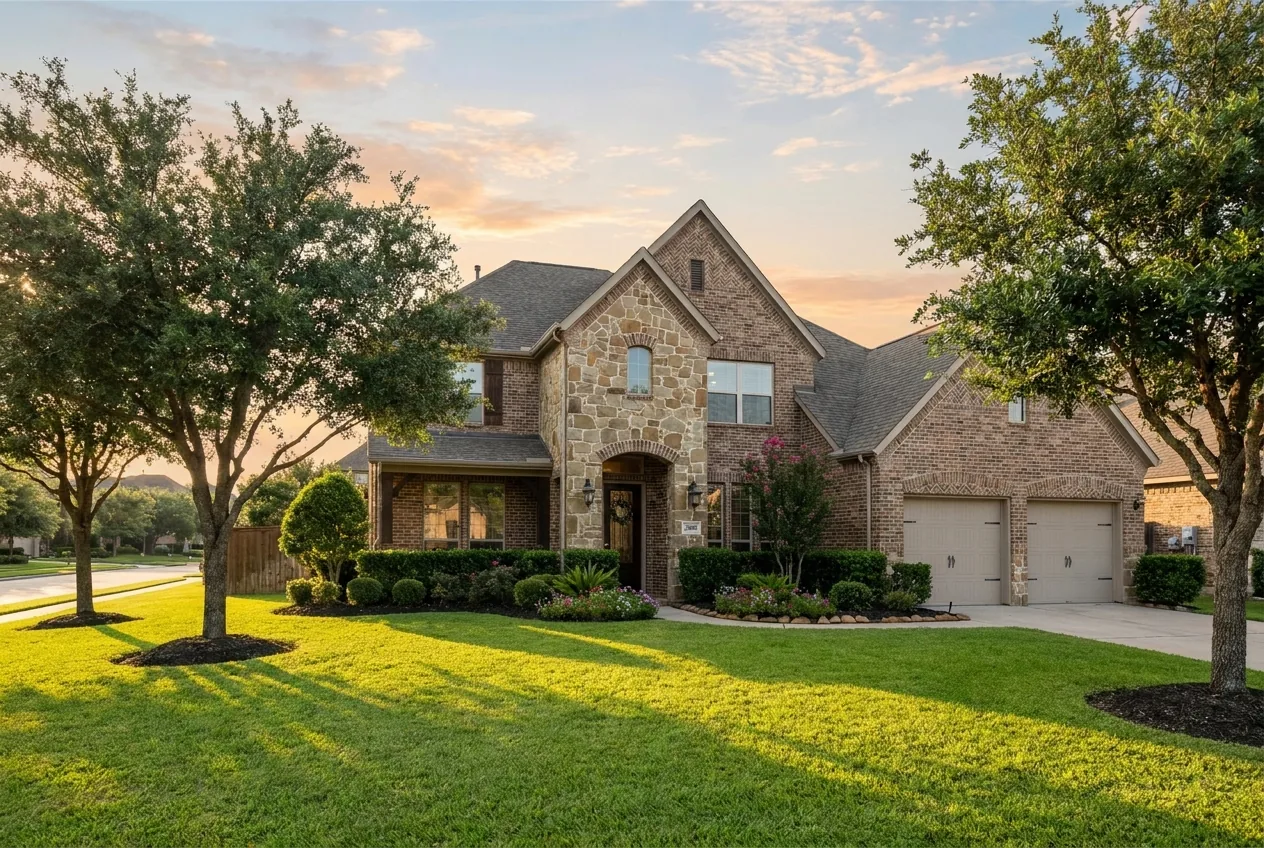 Single-family rental home in a Houston suburb at golden hour with mature oak trees and a manicured lawn