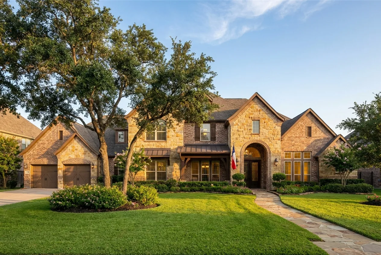 Brick-and-stone two-story single-family rental home in a Houston suburb at golden hour — representative of the properties Flat Fee Landlord places tenants in