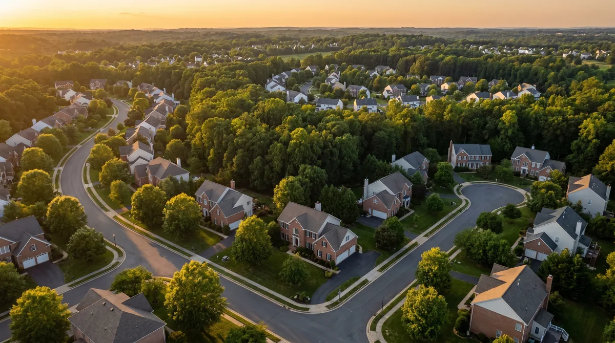 Aerial view of an established Northern Virginia suburban neighborhood with brick colonial homes, wooded lots, and curving tree-lined streets at golden hour