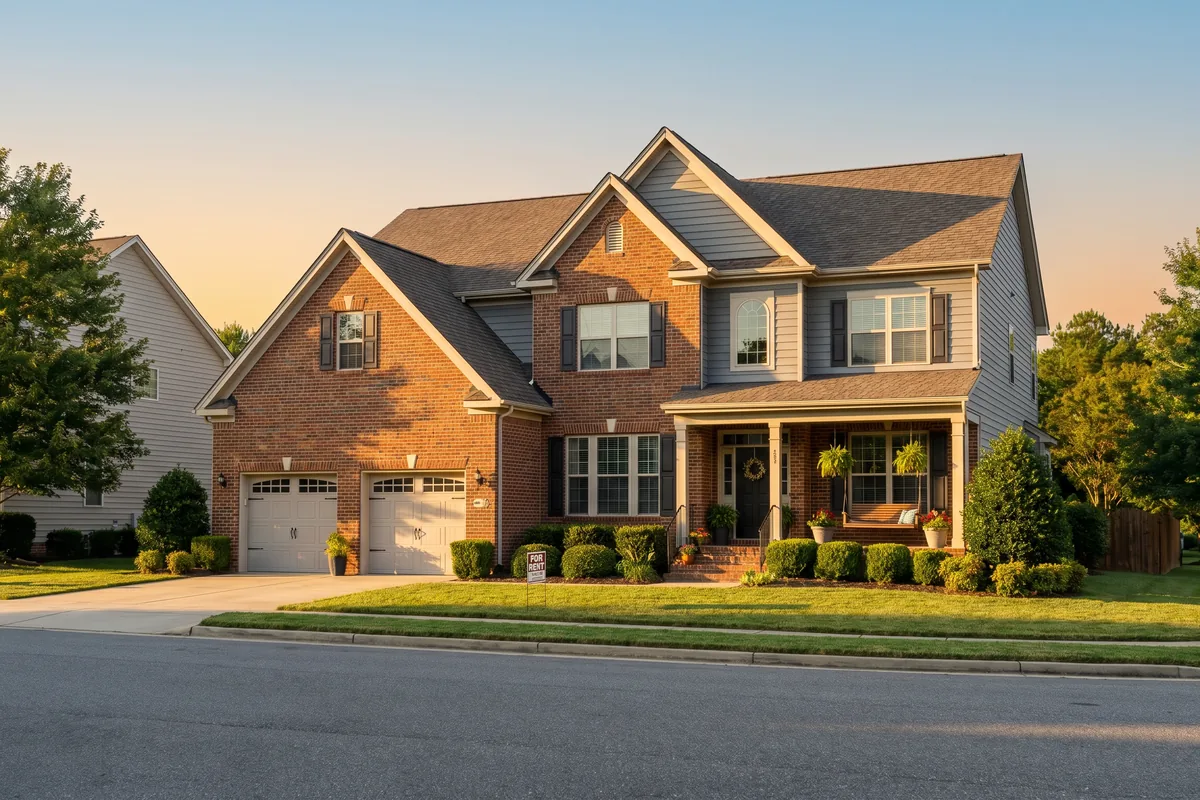 Two-story brick-and-siding transitional single-family rental home with a two-car garage on a quiet cul-de-sac in the Midlothian / Chesterfield County suburbs of Richmond, Virginia
