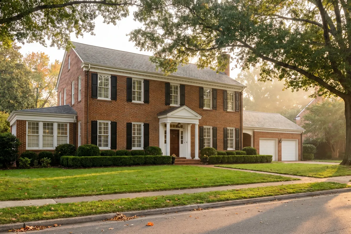 All-brick Georgian colonial single-family rental home with a columned portico on an established, tree-lined West End street in Henrico County, Richmond, Virginia — representative of the homes Flat Fee Landlord places tenants in across the Richmond metro
