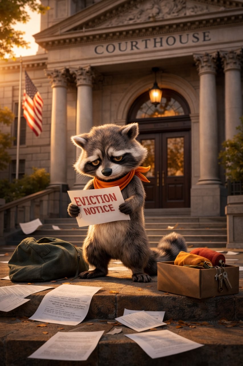 Ruckus the FFL mascot on courthouse steps with an eviction notice