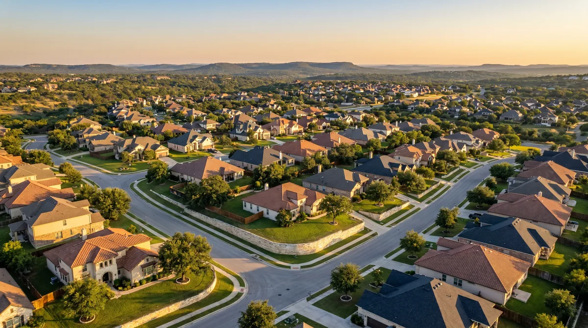 Aerial view of a master-planned San Antonio-area suburban neighborhood with single-family homes, tree-lined streets, and the Texas Hill Country in the distance at golden hour
